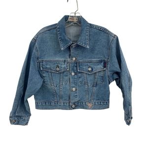 Vintage Guess Jean Jacket Cropped Denim Blue Made In USA Size Small
